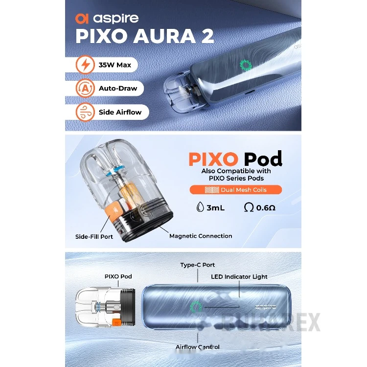 Aspire PIXO Aura 2 35W Pod Sistem renkleri Aspire PIXO Aura 2 35W Pod Sistem renk seçenekleri ve cihaz görünümü
